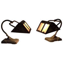 Matched Pair of Cast Iron Slag Glass Desk Lamps, American circa 1930s