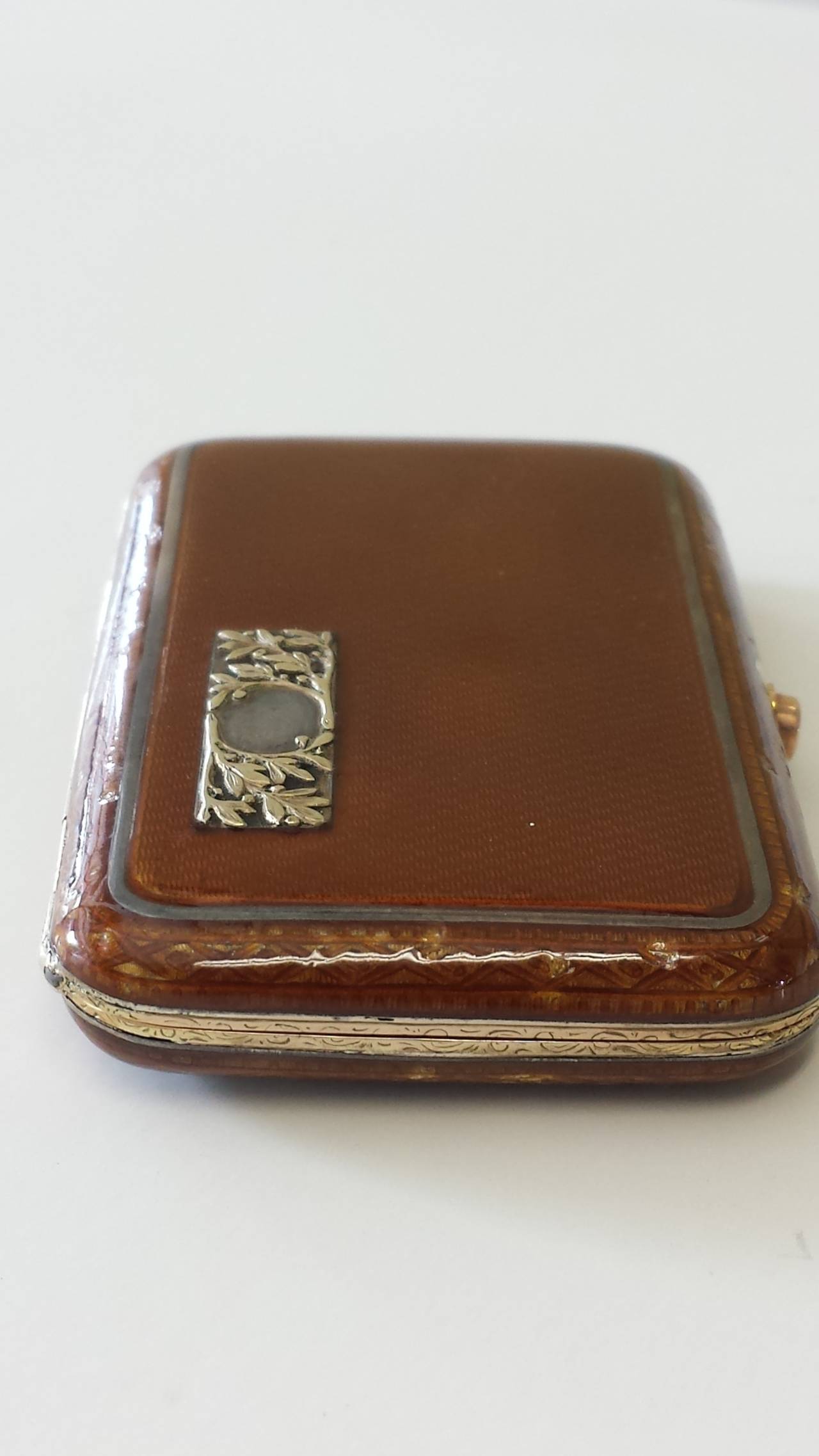 Russian Faberge Enemal Silver Gilt Cigarette Case, Gold with Sapphire Button 4