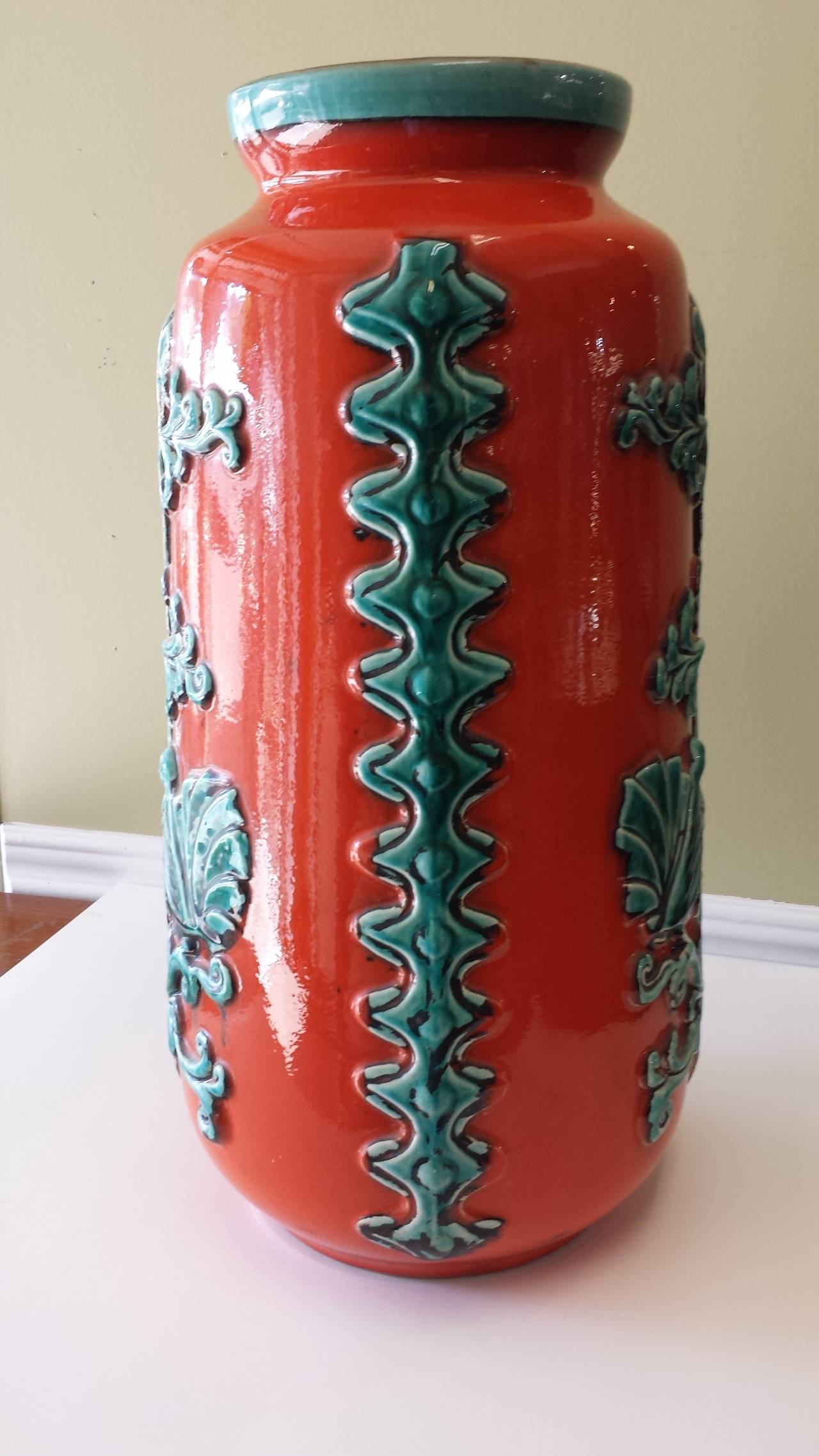 Large 20"-inch Tall W.-Germany Burnt Orange & Turquoise Vase With 2 Love  Birds, Stamped, Numbered 7173-50 & Logo on the bottom. There are 3 minor chips on the tree branches, as per photo,(enlarged photo), the chips are on one side only