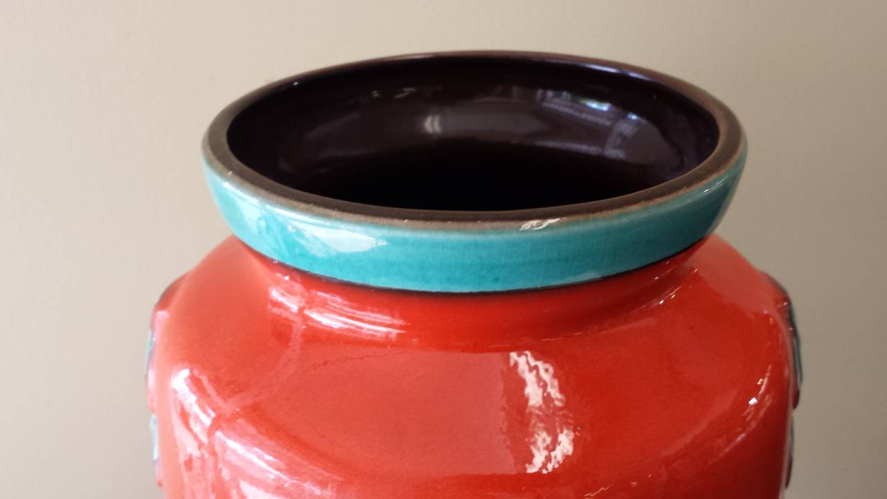 Mid-Century Modern Large W. Germany Burnt Orange and Turquoise Vase with Love Birds