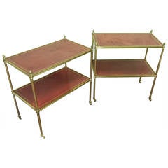 Pair of Hollywood Regency Solid Brass Leather Top End Tables with Acorn Finials