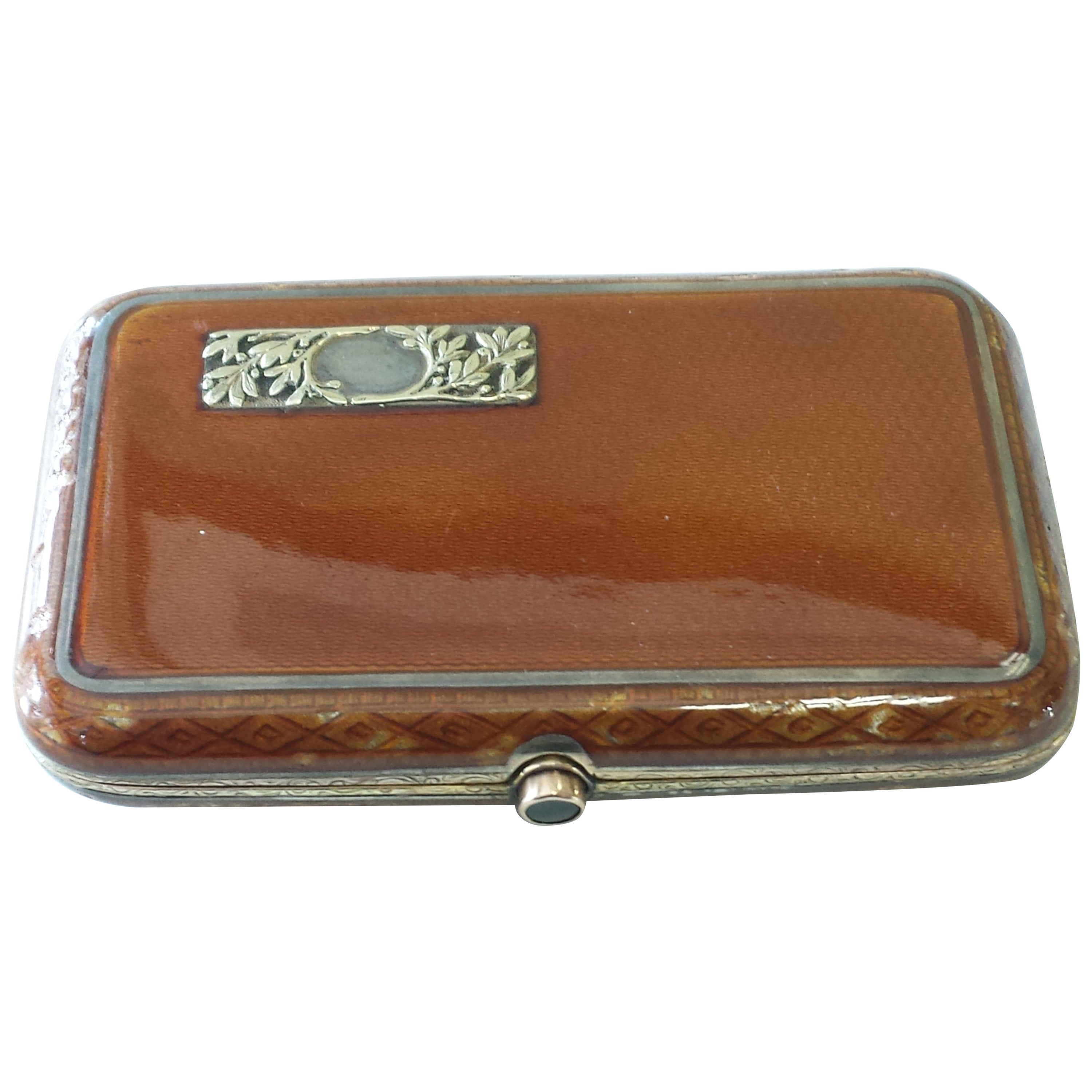 Russian Faberge Enemal Silver Gilt Cigarette Case, Gold with Sapphire Button