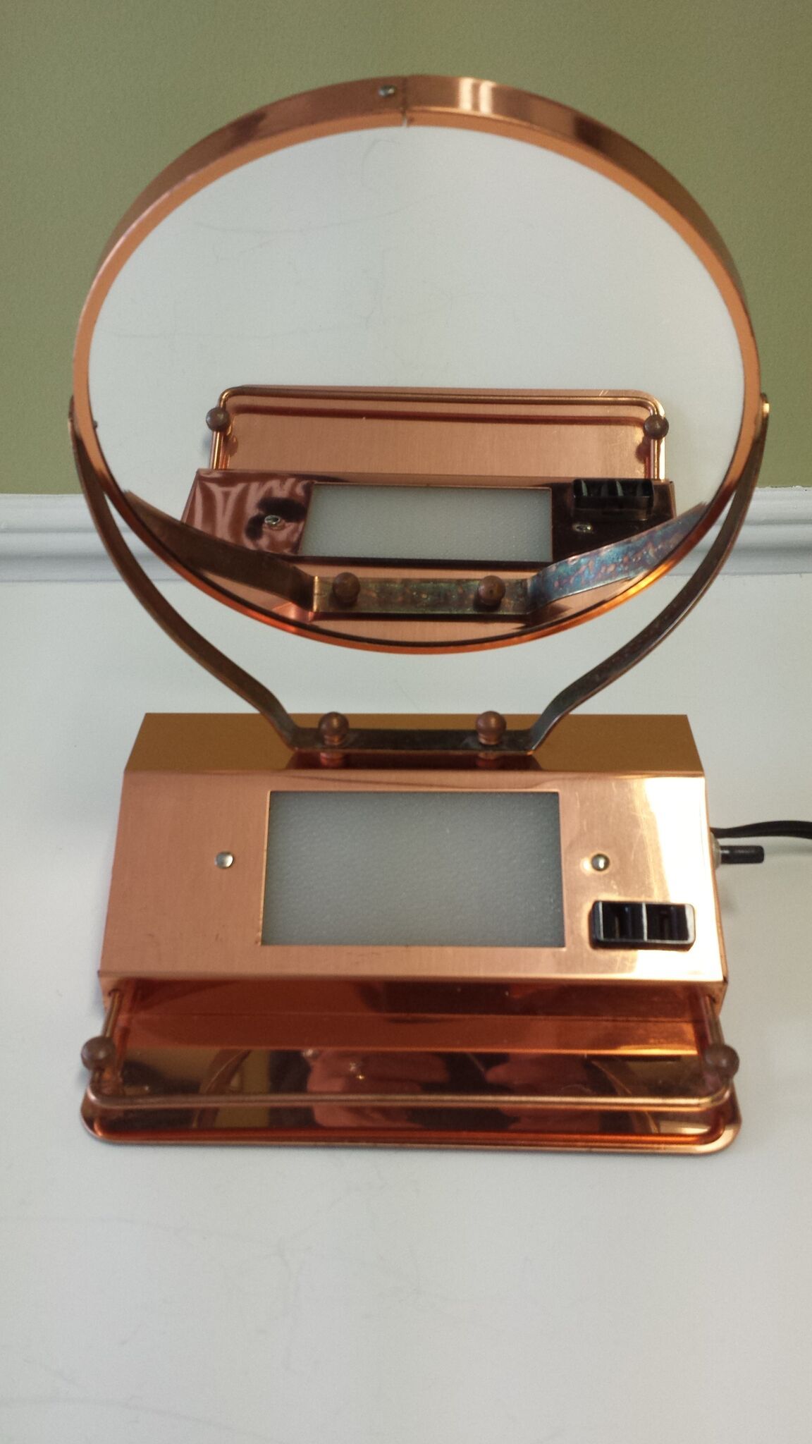 Mid-Century Modern Mid-Century Solid Copper Lighted Vanity Double-Sided Mirror with X-Plug