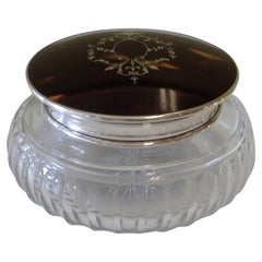 English Tortoiseshell & Sterling Silver Powder Jar with Inlaid Top