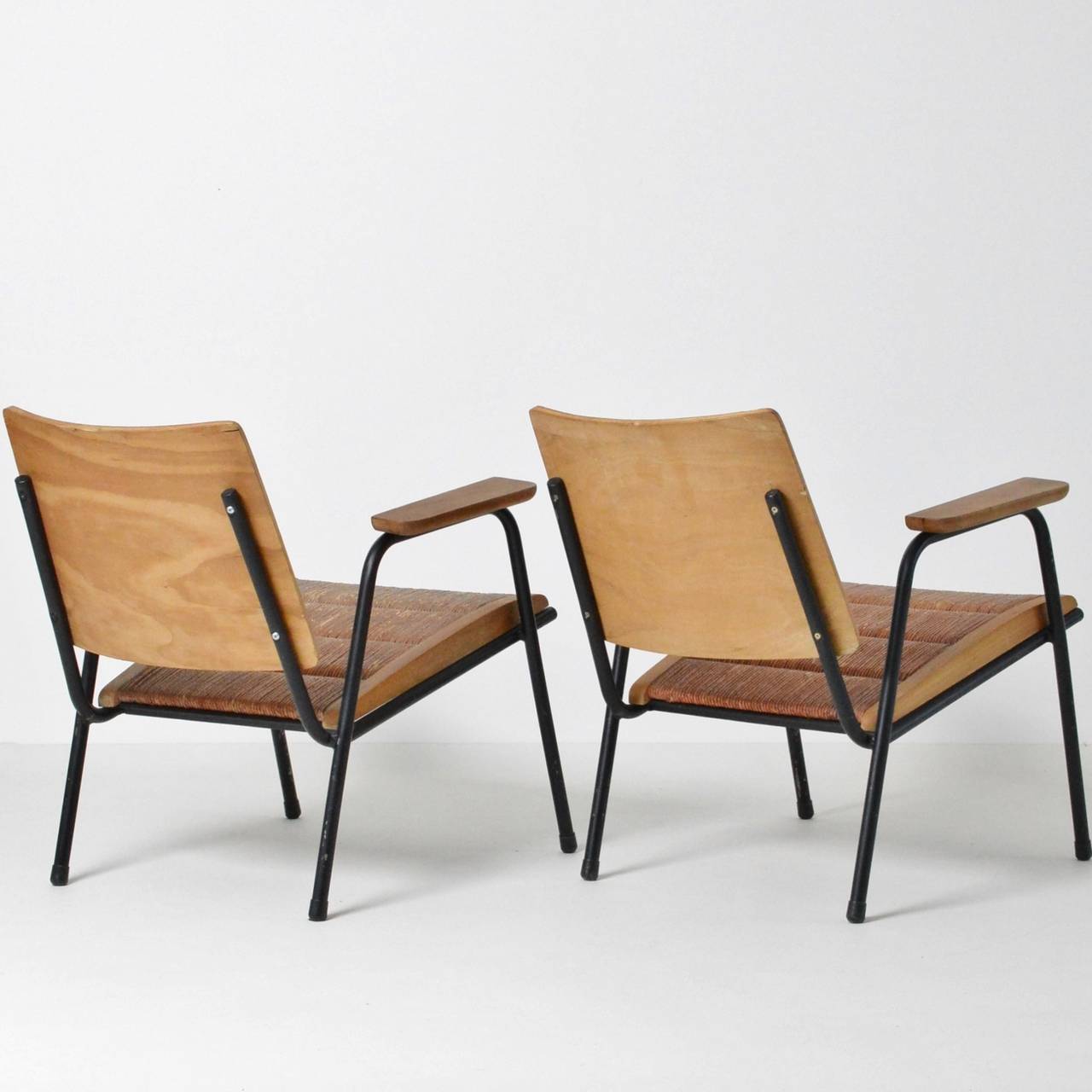 Caning Prouve inspired Midcentury French Plywood Lounge Chairs