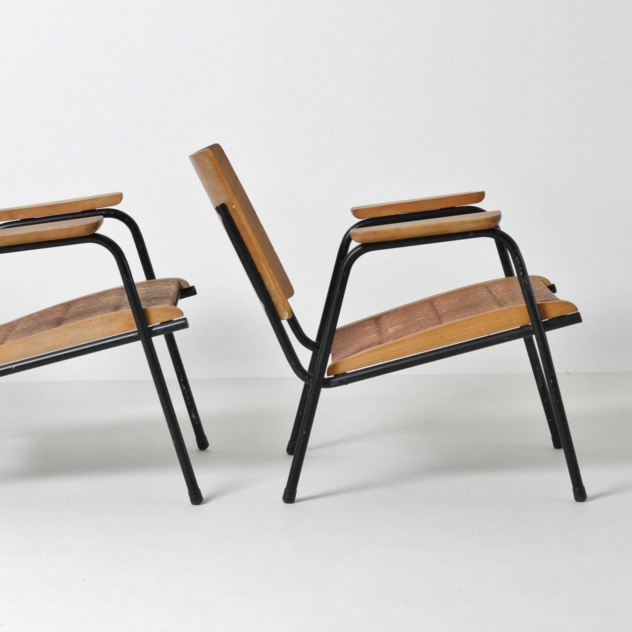 Prouve inspired Midcentury French Plywood Lounge Chairs In Good Condition In London, GB