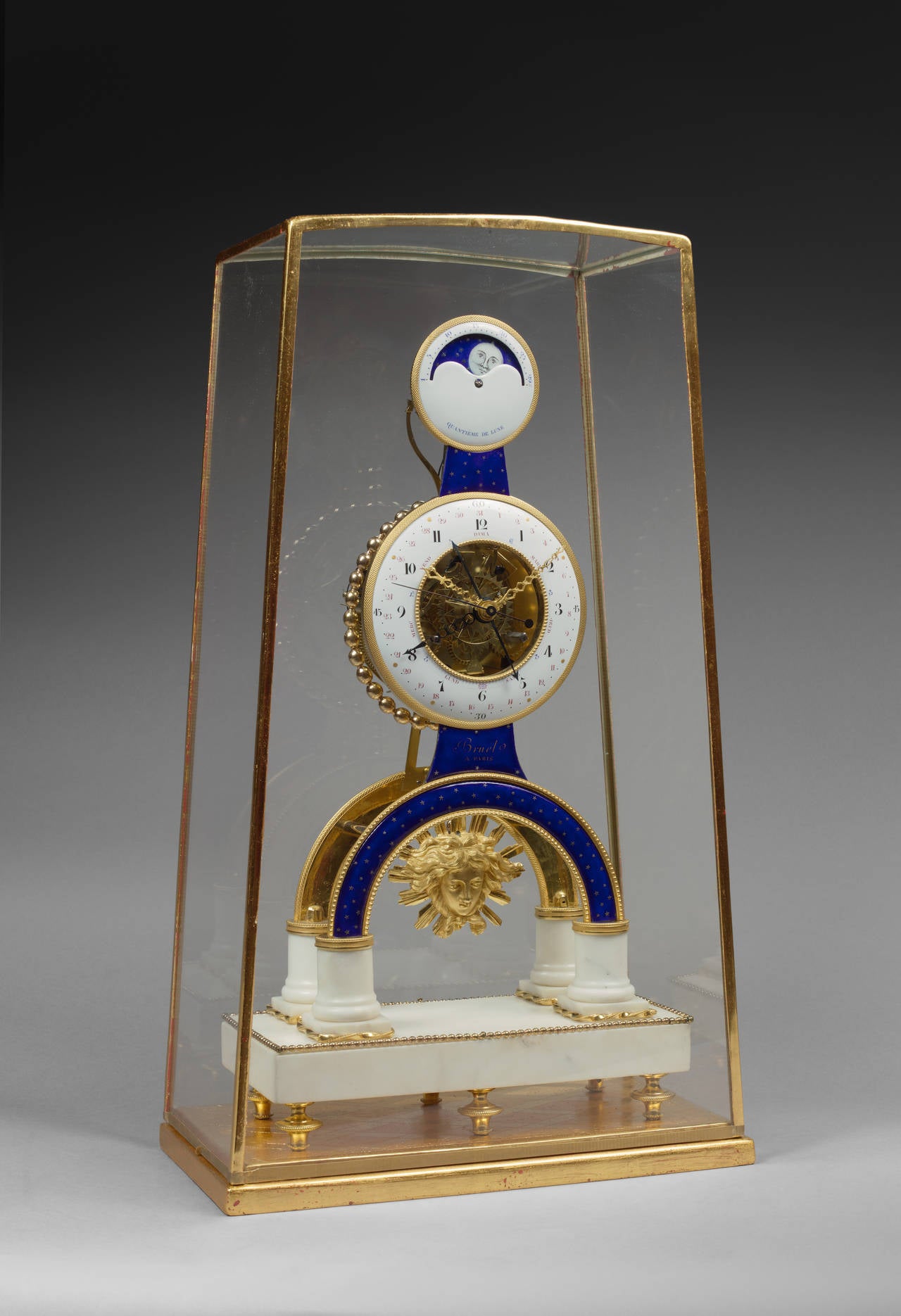 Gilt Bronze Enamel and Marble Louis XVI Skeleton Clock with Moon Phases by Bruel In Excellent Condition In Paris, FR