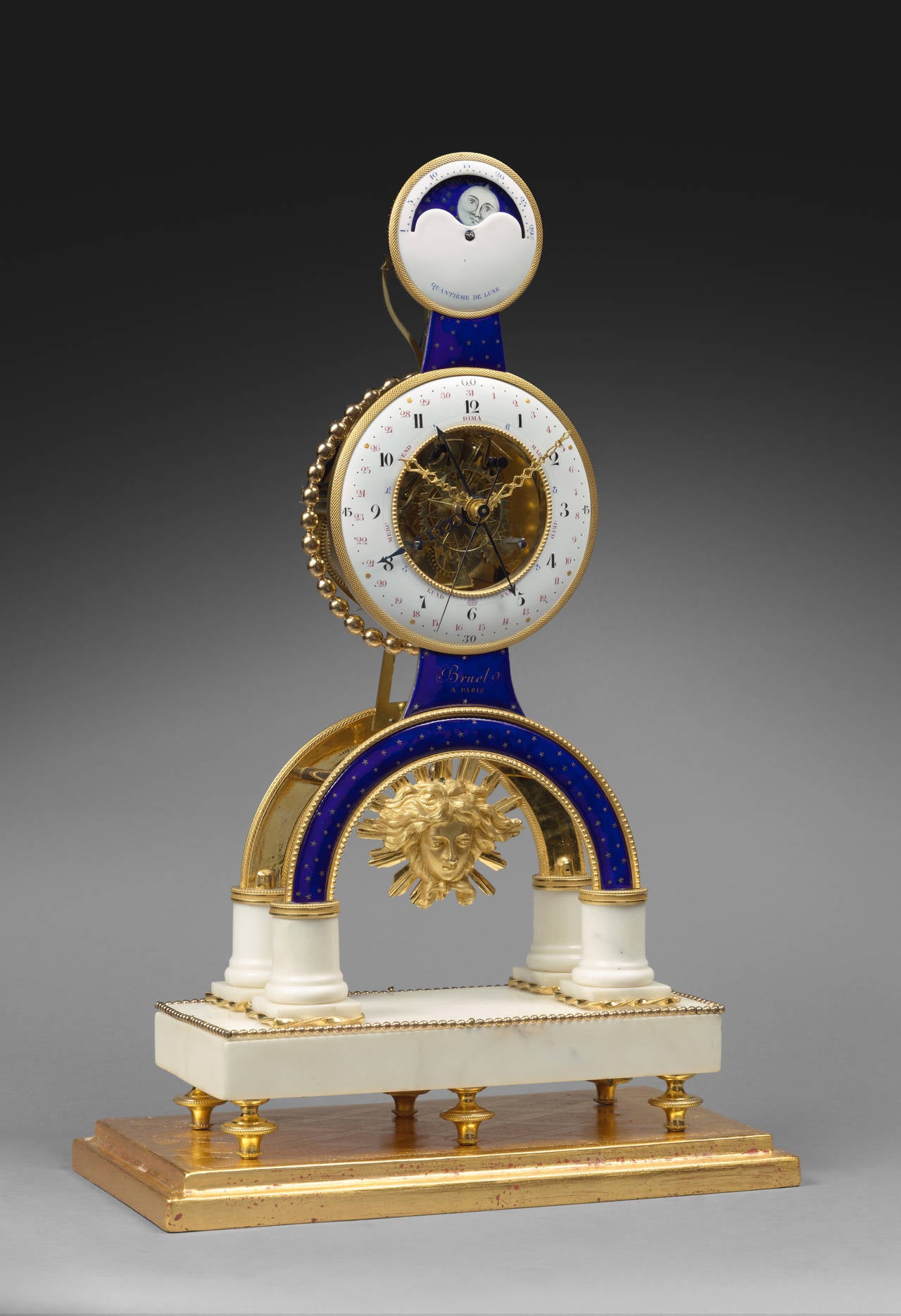 French Gilt Bronze Enamel and Marble Louis XVI Skeleton Clock with Moon Phases by Bruel