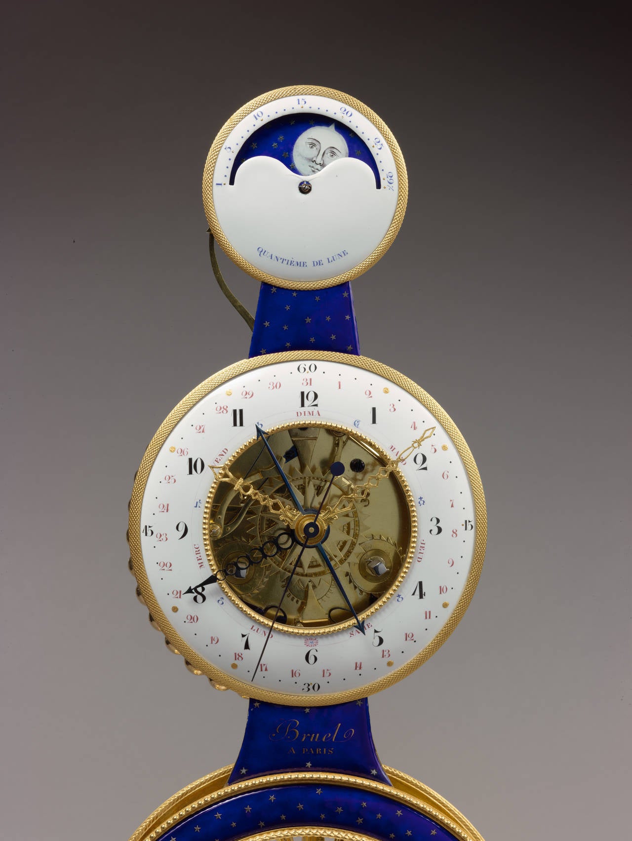 Late 18th Century Gilt Bronze Enamel and Marble Louis XVI Skeleton Clock with Moon Phases by Bruel