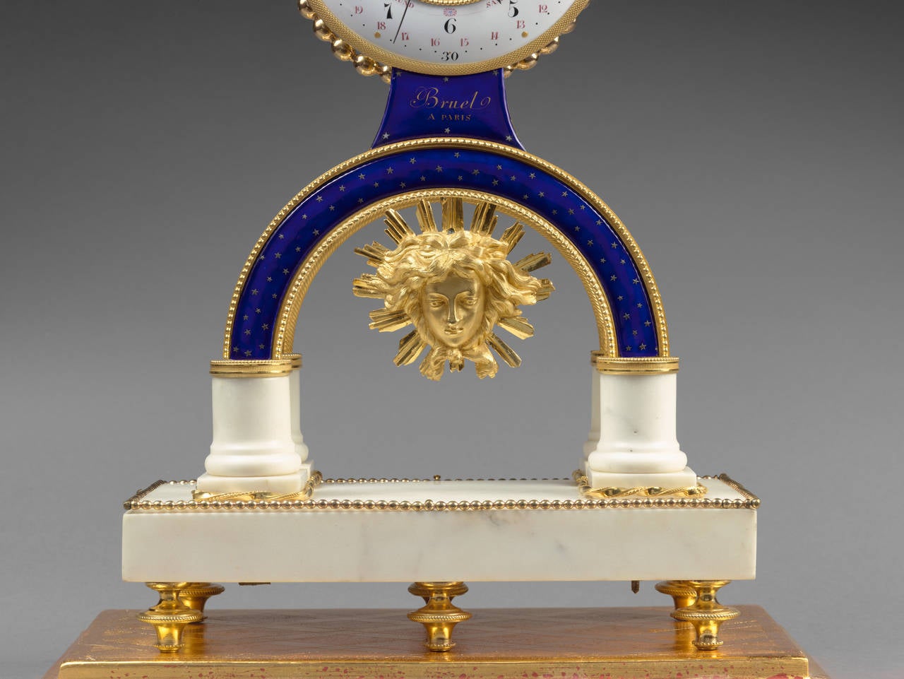 Gilt Bronze Enamel and Marble Louis XVI Skeleton Clock with Moon Phases by Bruel 1