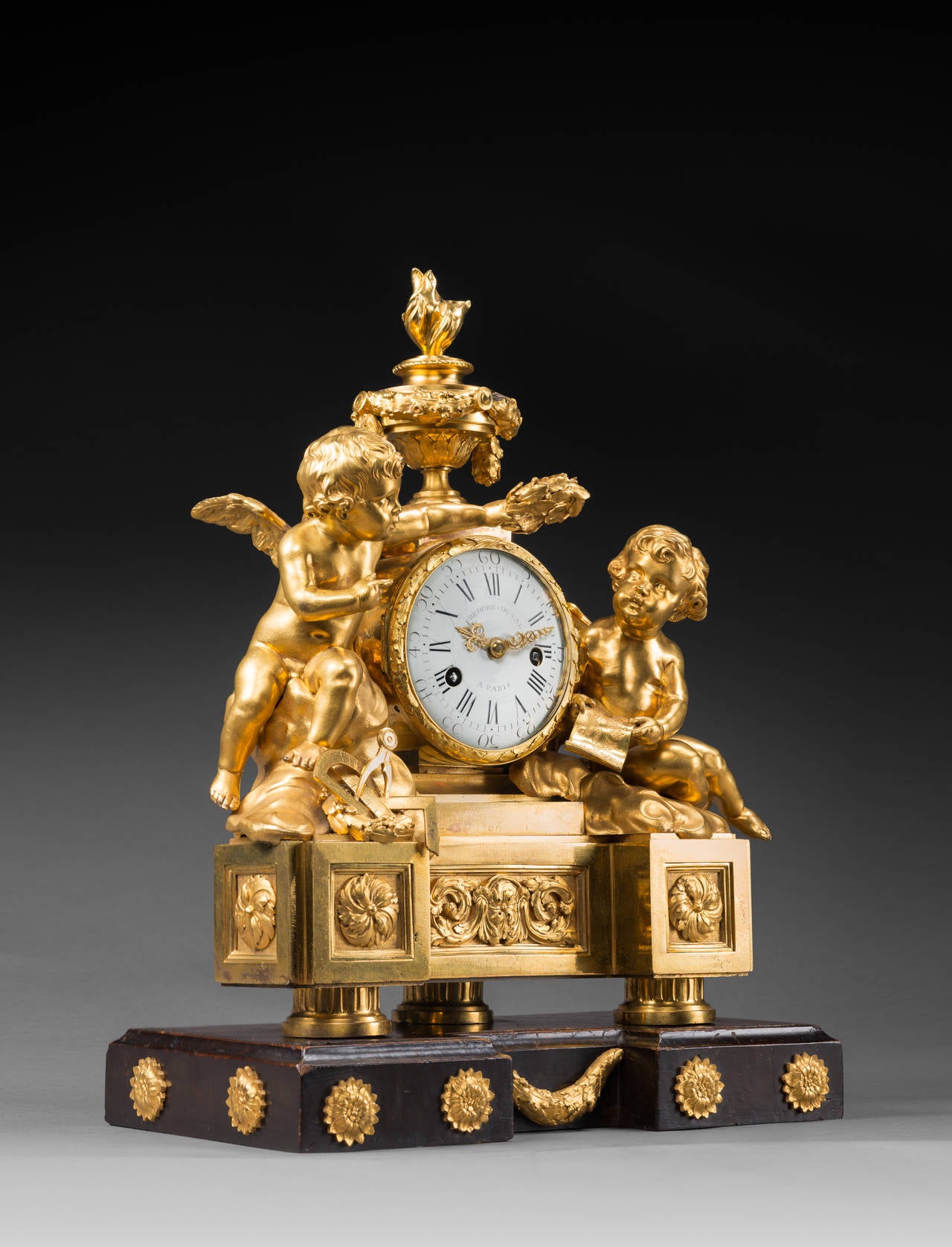 French Gilt Bronze Louis XVI Clock by Duval, Case Attributed to Saint-Germain