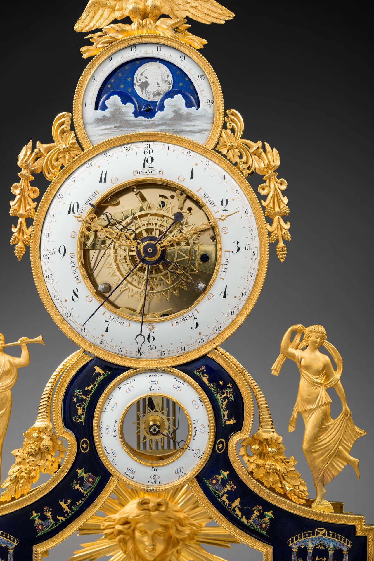 Gilt Directoire Skeleton Clock, with Enamels Attributed to Joseph Coteau For Sale