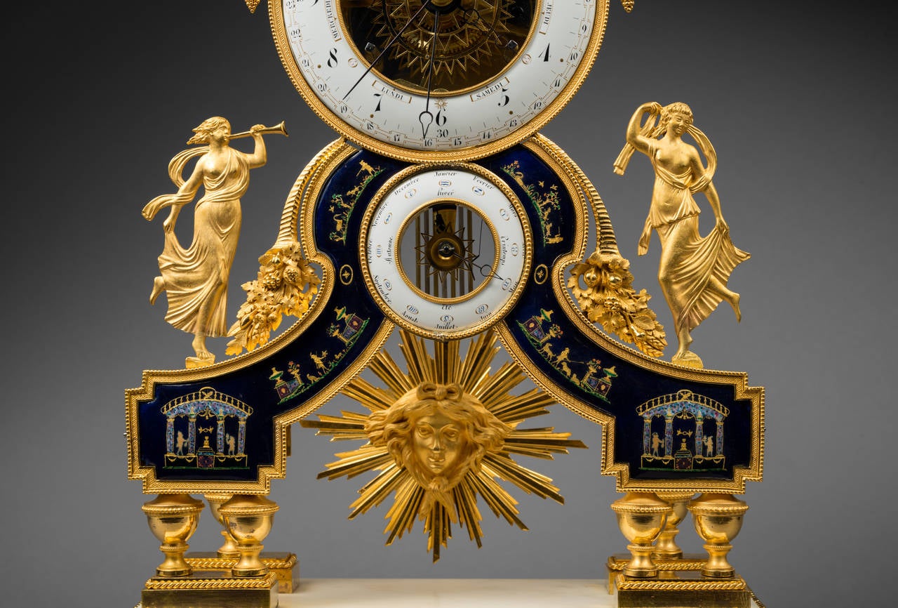 Bronze Directoire Skeleton Clock, with Enamels Attributed to Joseph Coteau For Sale