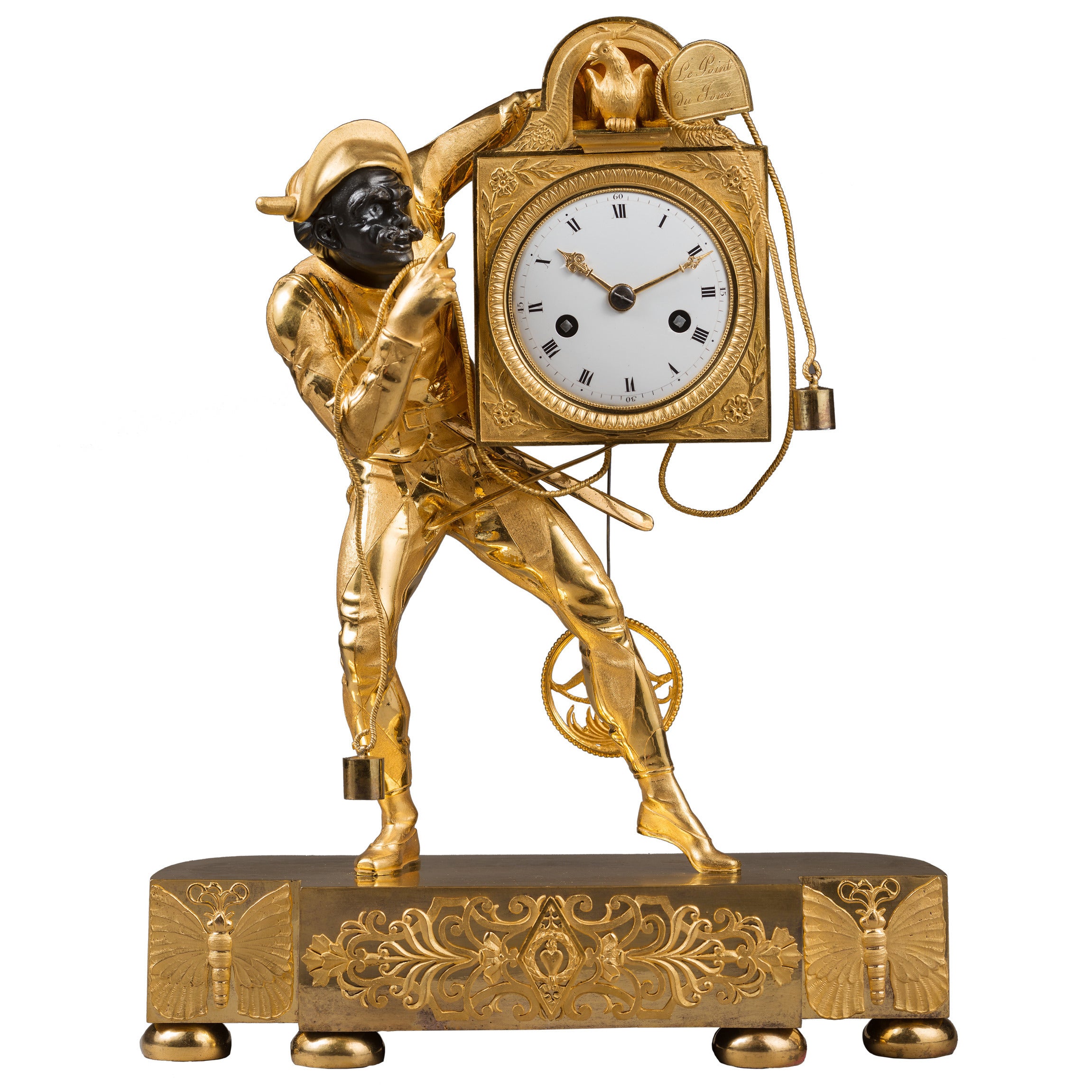 Seltene vergoldete Bronze-Empire-Kaminuhr mit Harlekin, Thomire zugeschrieben im Angebot