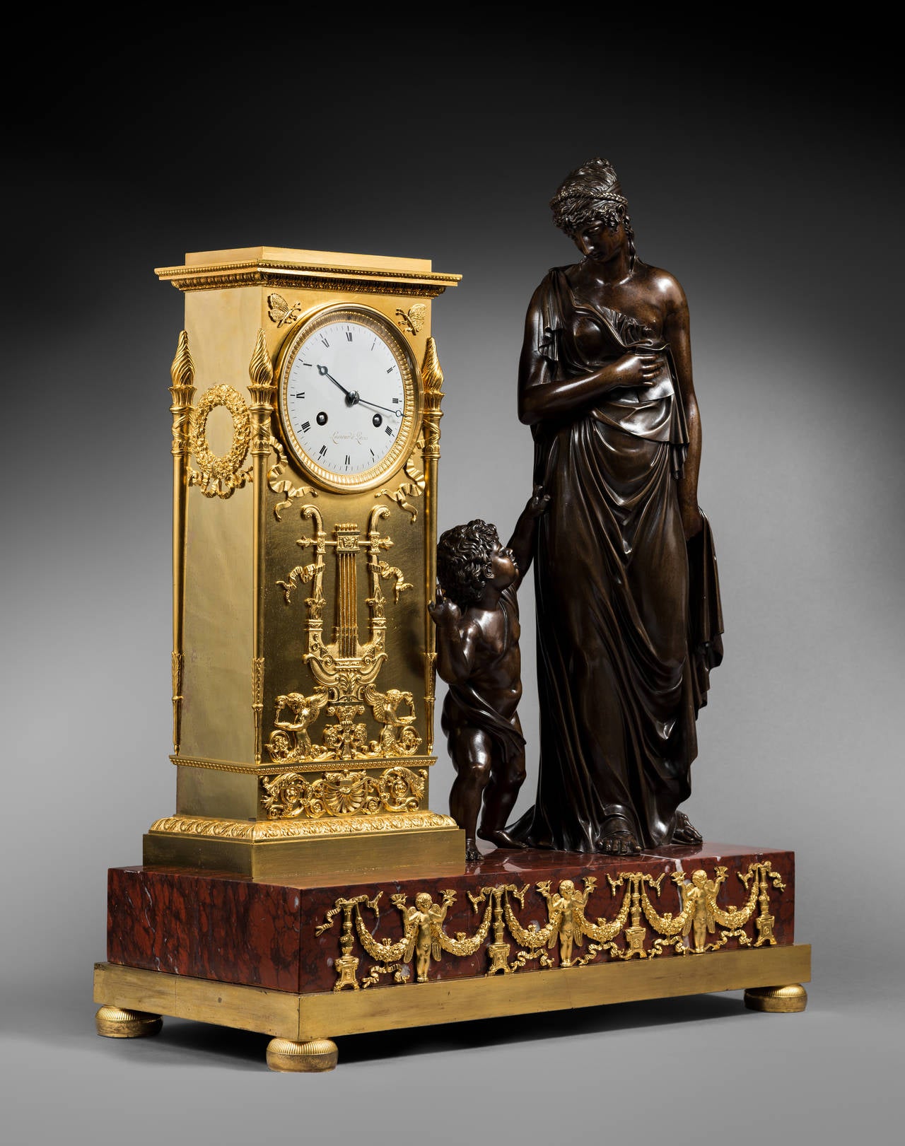Empire Gilt and Patinated Bronze Mantel Clock by Lesieur, Case Attributed to Ravrio