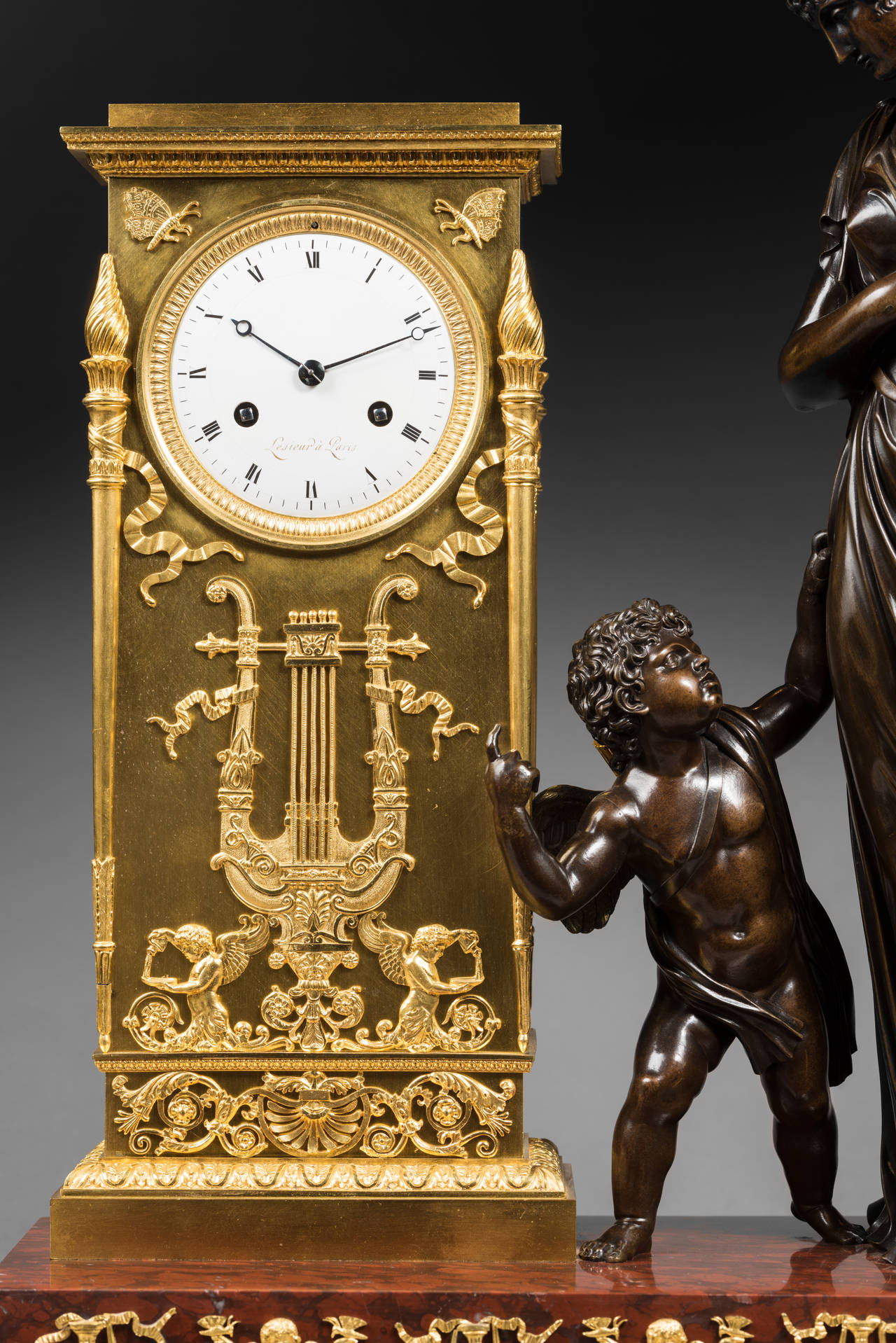 French Gilt and Patinated Bronze Mantel Clock by Lesieur, Case Attributed to Ravrio