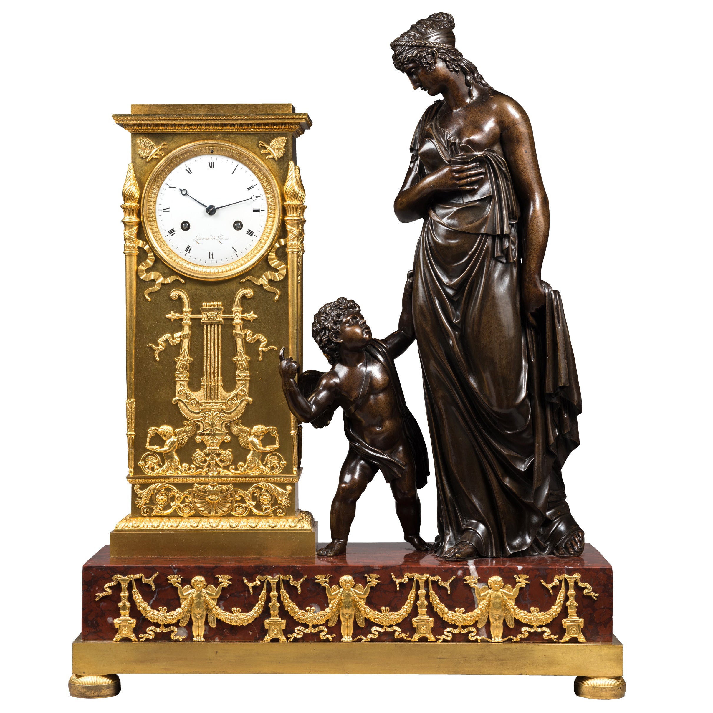 Gilt and Patinated Bronze Mantel Clock by Lesieur, Case Attributed to Ravrio