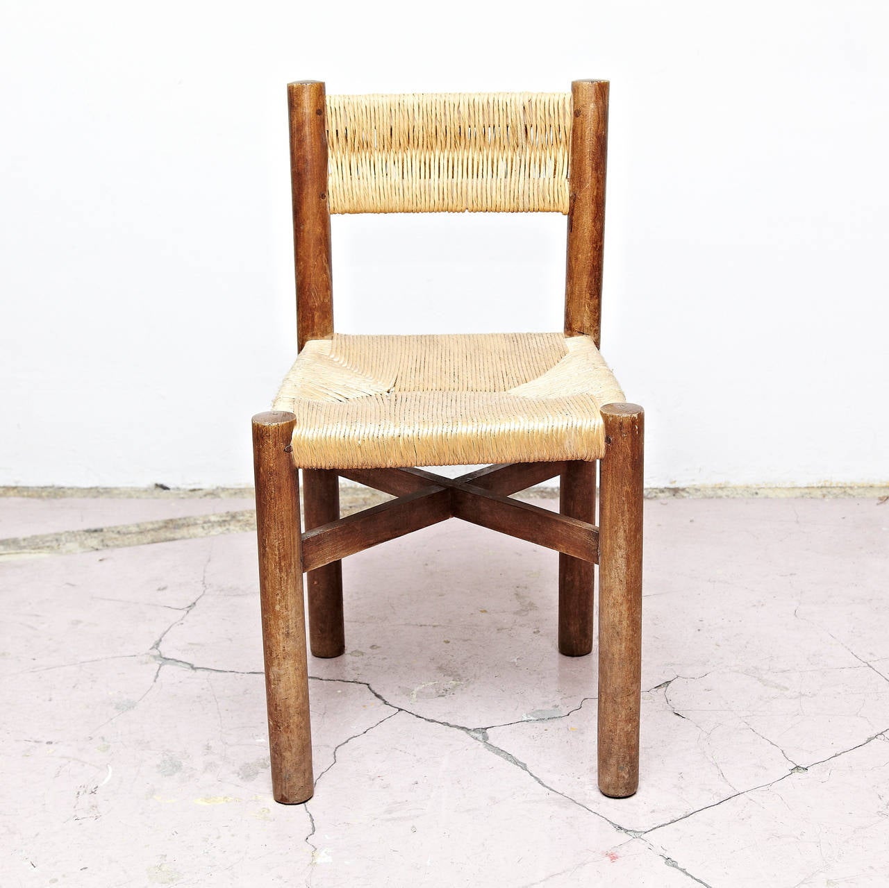 Rare Charlotte Perriand Mid-Century Modern Wood Meribel French Chair, circa 1950 In Good Condition In Barcelona, Barcelona