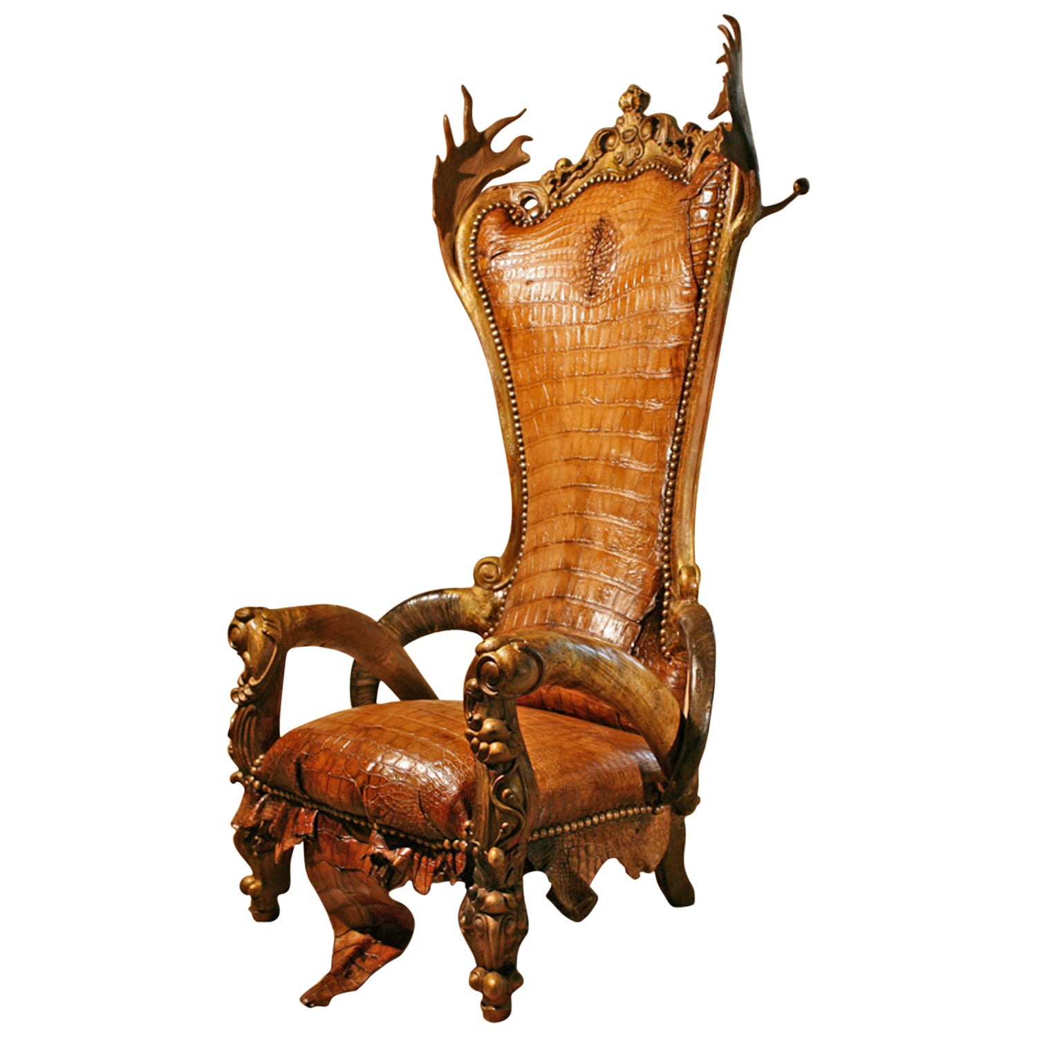 Armchair Mamouth with Genuine Alligator Skin, Suede Antlers, Zebu Horns. SOLD