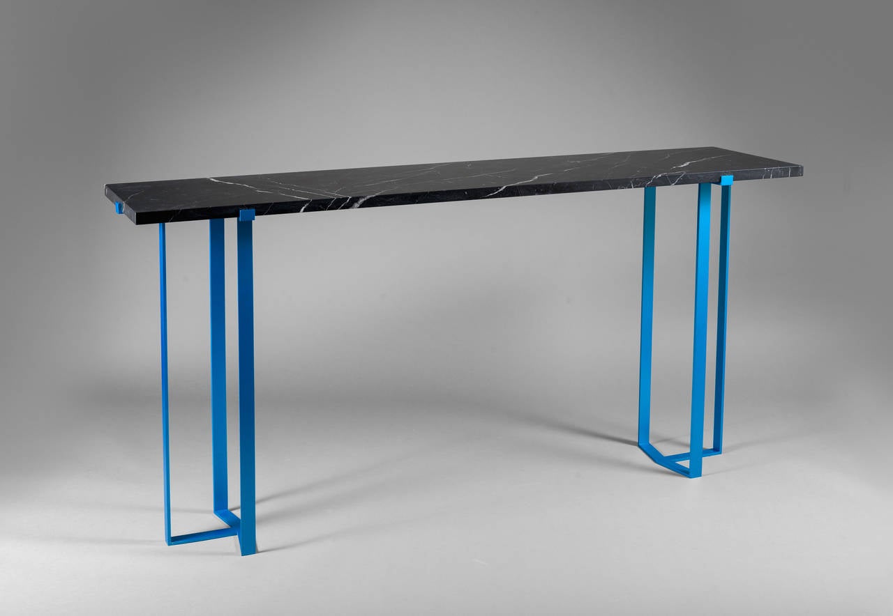 Console table, black soft solid Marquina marble platter, 3 cm thickness.
Solid aluminium base, turquoise blue shade, lacquered.
This piece is signed and part of limited edition about eight pieces.