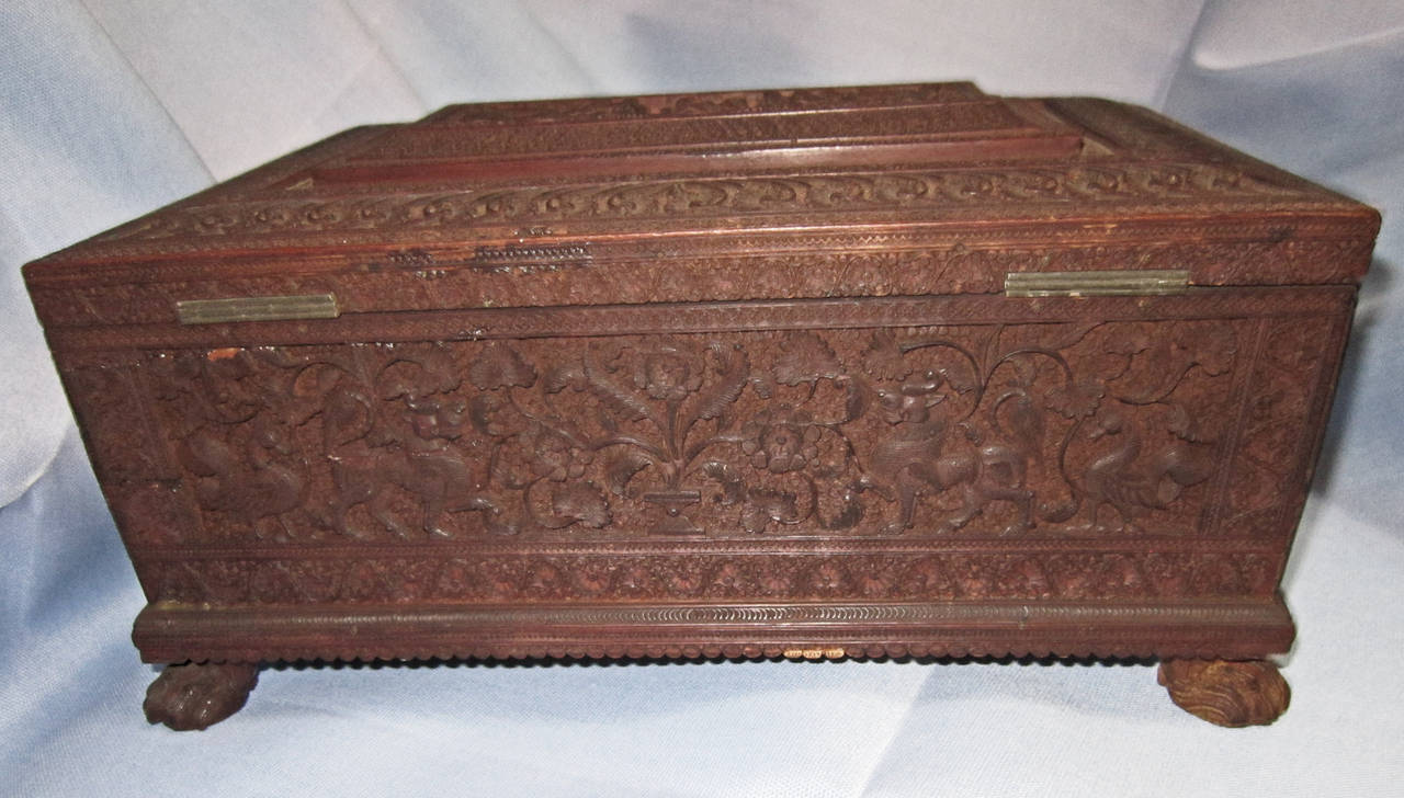 British Colonial 19th Century Anglo-Indian Carved Sandalwood Sewing Box For Sale