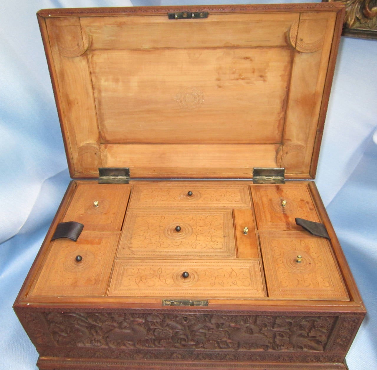 19th Century Anglo-Indian Carved Sandalwood Sewing Box For Sale 1