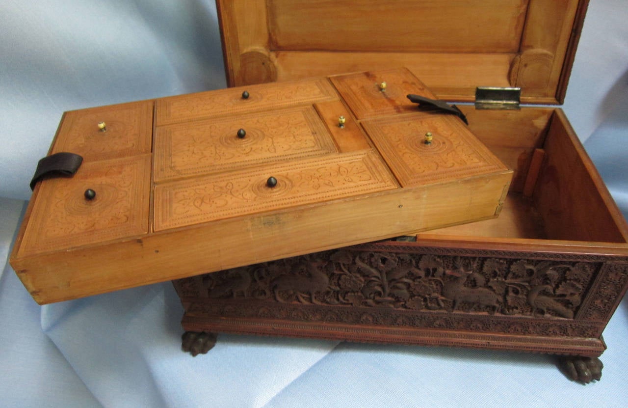19th Century Anglo-Indian Carved Sandalwood Sewing Box For Sale 2
