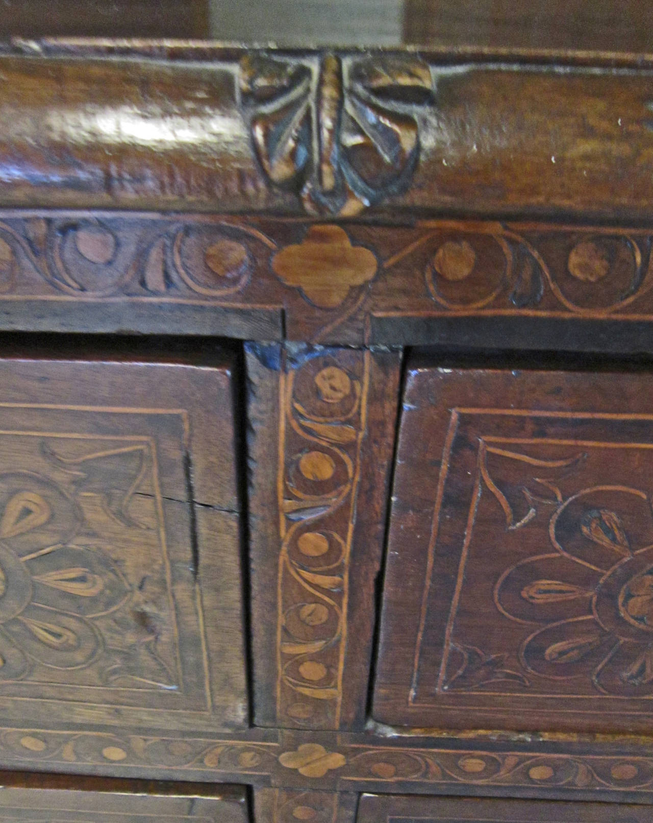 Spanish Colonial 18th Century Mexican Mesquite Sacristy Comode with Inlaid Design, Oaxaca  For Sale