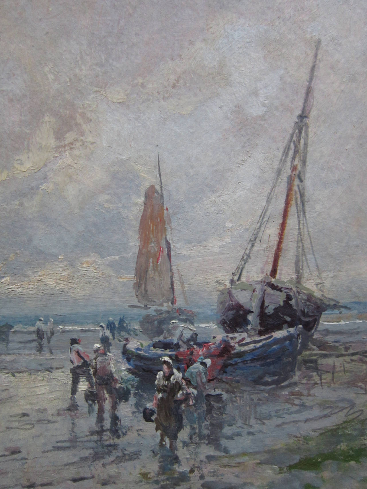 This small painting is titled on the verso in pen and depicts a sea shore with fishing vessels and people. Diehl was born in England and moved to the US in 1891. The actual painting measures 8