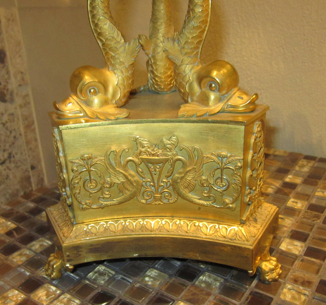Gilt French, 2nd Restauration, Dore Bronze Dolphin Base Centerpiece, Ca. 1815-1820 For Sale