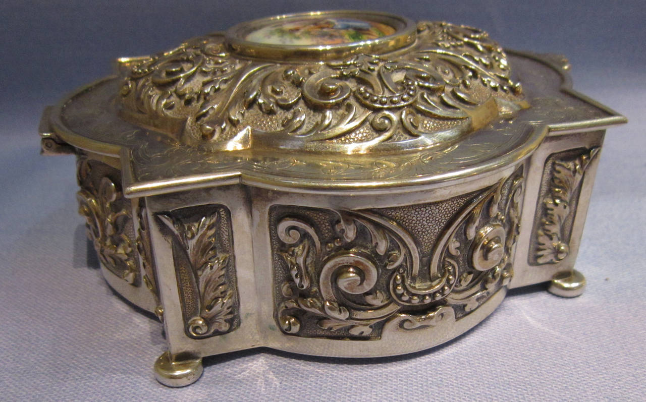 Rococo Revival Vintage Portuguese Silver Jewelry Casket, Signed, Chased and Repousse