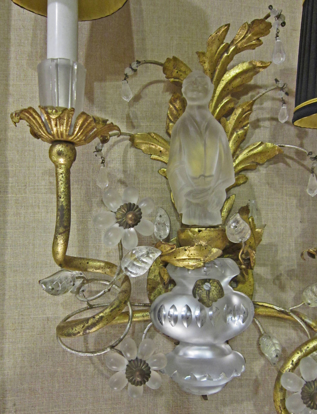 American Sherle Wagner Sconce; Crystal Chinoiserie - Male Only, Florentine Gold For Sale