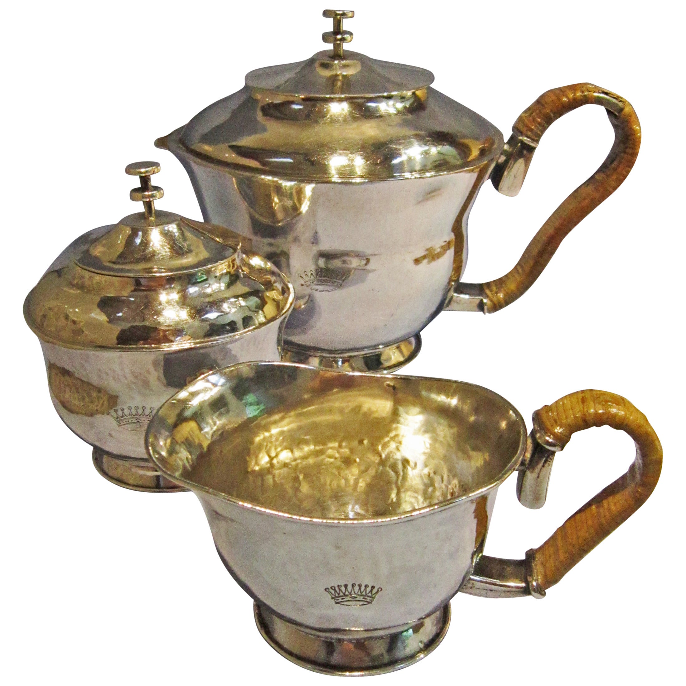 Vintage Taxco Silver 3 pc. Tea Service, W + G mark, Provenance Polignac Estate For Sale