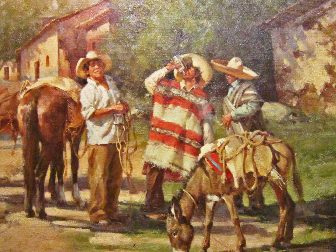 This work depicts the artist's concept of life in the northern Mexican 'ranchos' just south of the US-Mexican border in New Mexico.  Oil on Canvas, titled on the reverse.  Gary Niblett was born in New Mexico in 1943.  Write me directly if you have