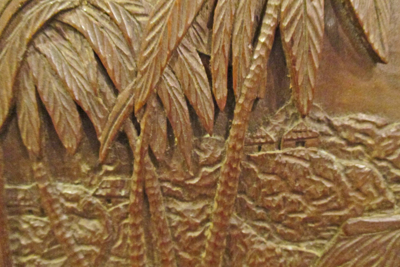 Roberto de la Selva;  Mahogany Bas-Relief, Mexico 1930's, Coconut Palms In Excellent Condition For Sale In Ajijic, Jalisco