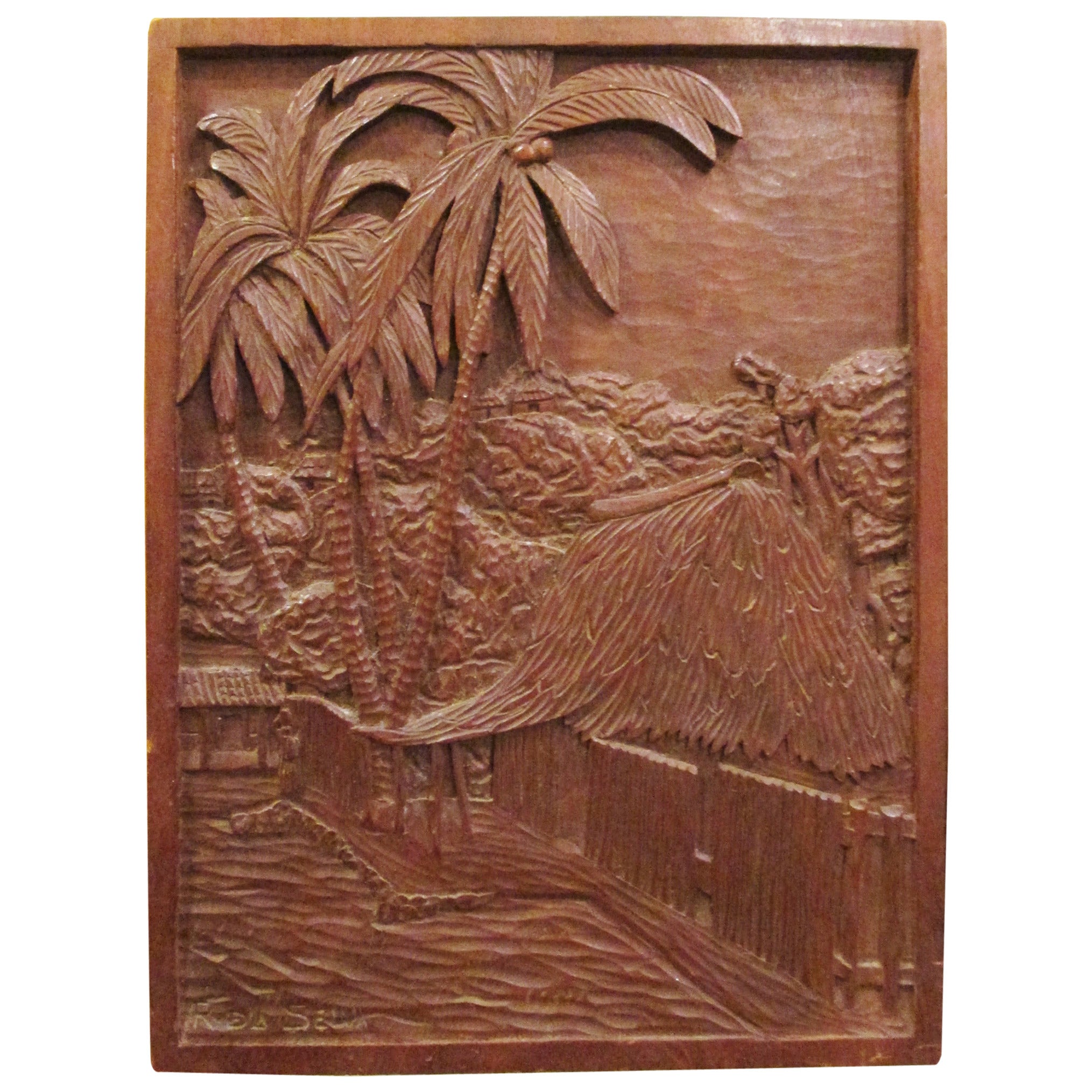 Roberto de la Selva;  Mahogany Bas-Relief, Mexico 1930's, Coconut Palms For Sale
