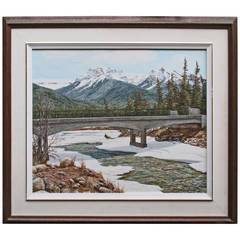 Vintage River Crossing Alberta Canada, by Carolyn Menu,  Acrylic on Board, 1980