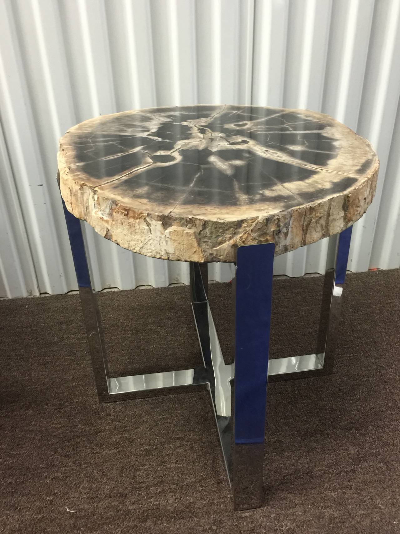 18th Century and Earlier Organic Modern Style Pair of Petrified Wood and Chrome End or Side Tables