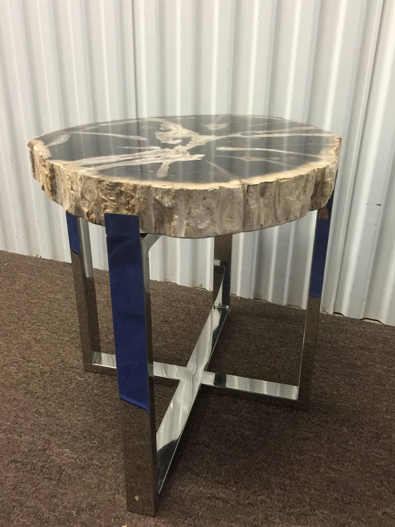 Organic Modern Style Pair of Petrified Wood and Chrome End or Side Tables 1