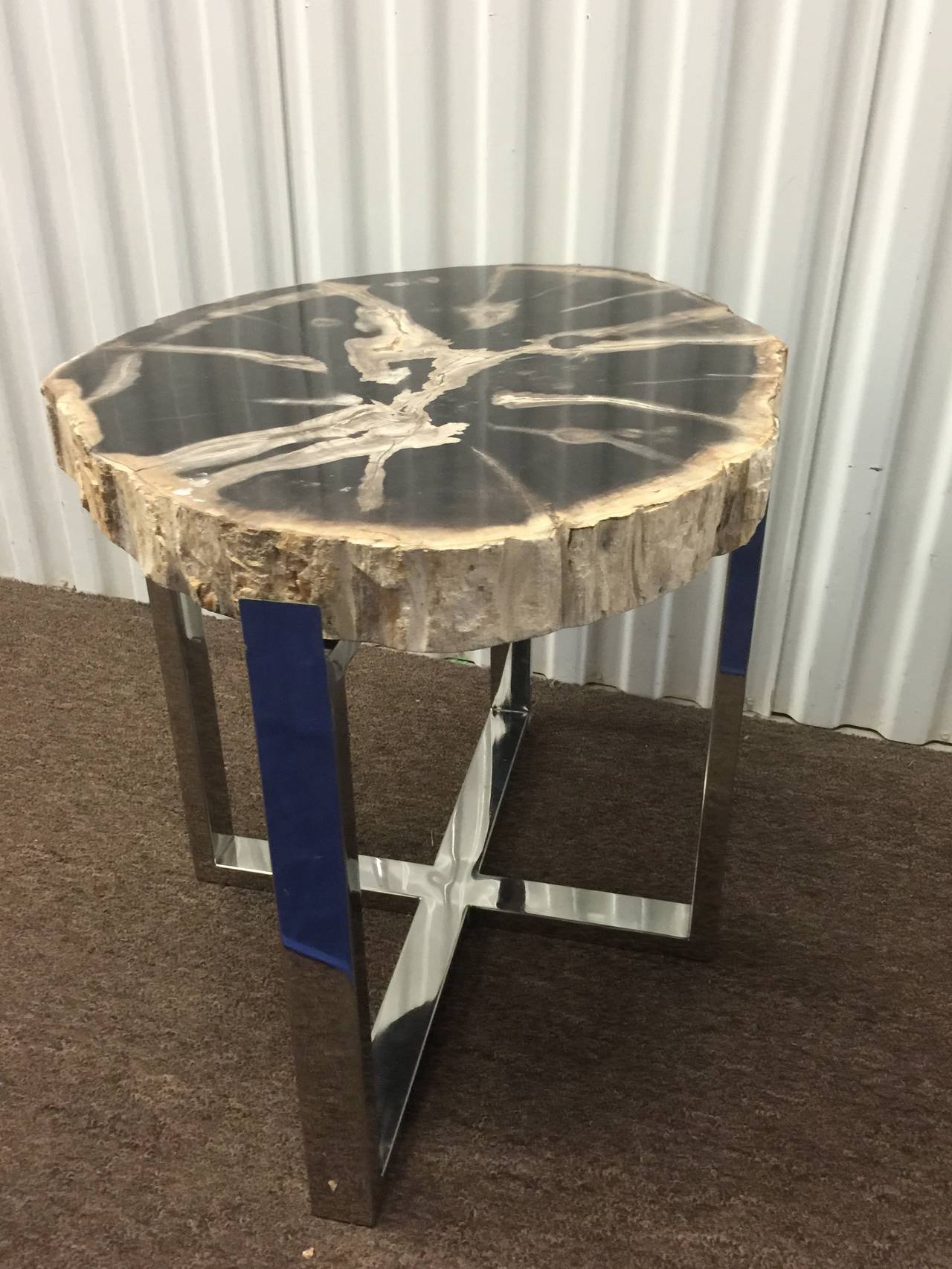 Organic Modern Style Pair of Petrified Wood and Chrome End or Side Tables In Good Condition In Mount Penn, PA