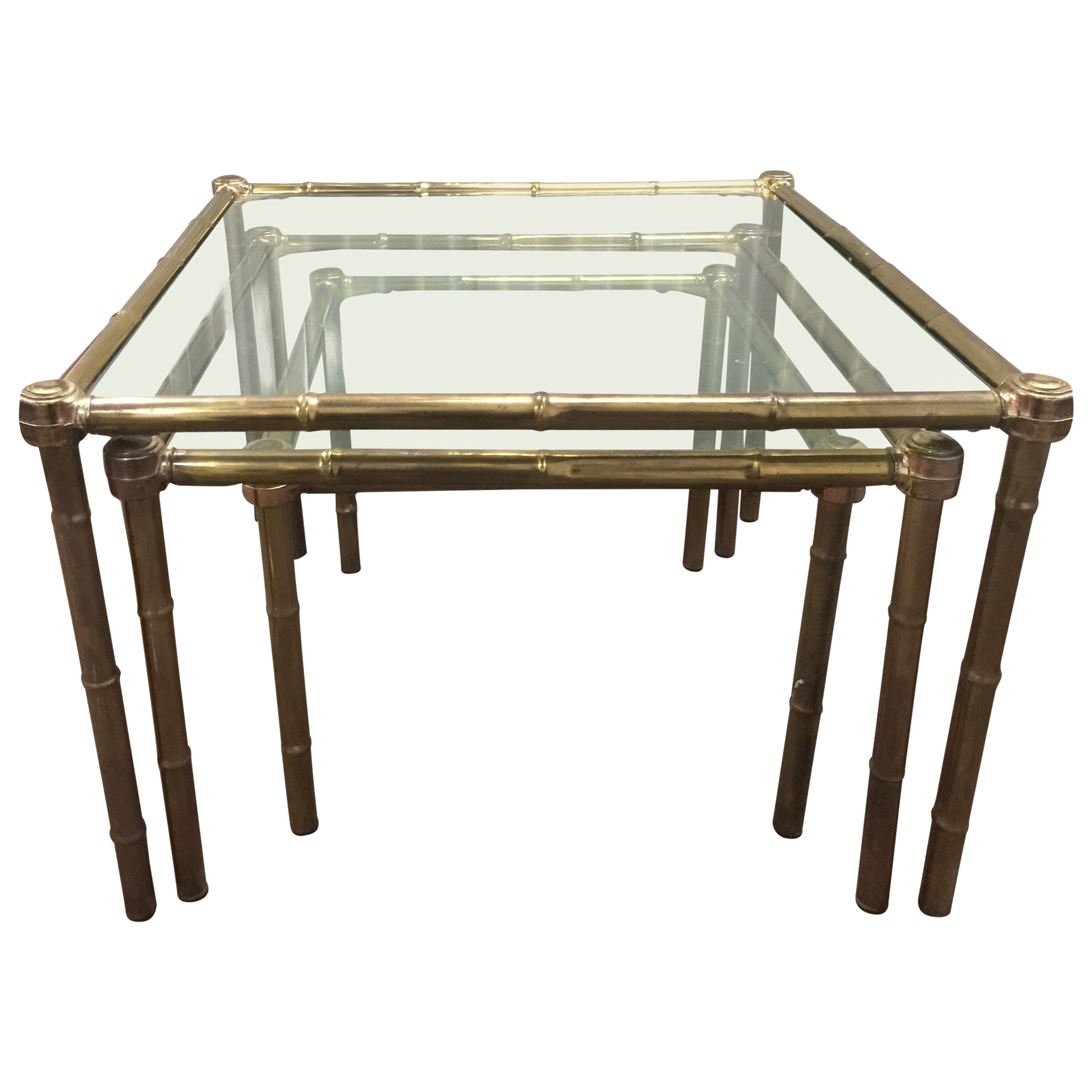 Midcentury Set of Three Unusual Thick Brass Nesting Tables For Sale