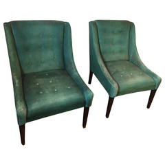 Mid-Century Pair of Italian Button Tufted Aqua Lounge Chairs Mid-Century Pair of Italian Button Tufted Aqua Lounge Chairs