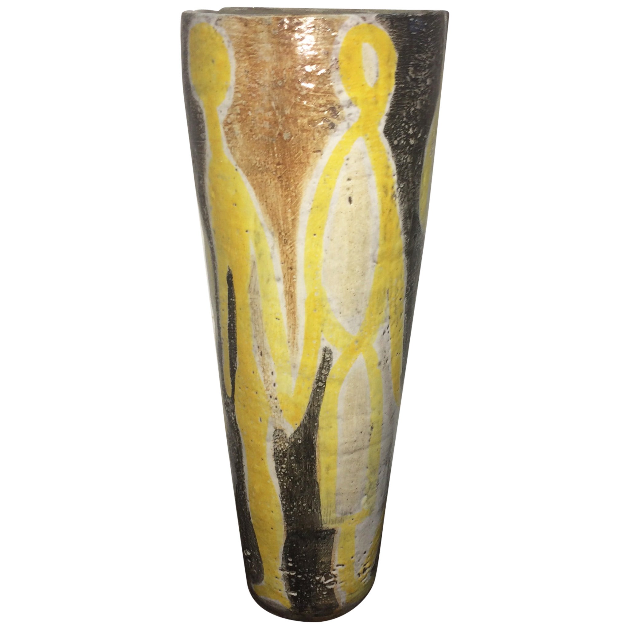 Midcentury Guido Gambone Terra Cotta Tapered Vase with Abstract Figures For Sale