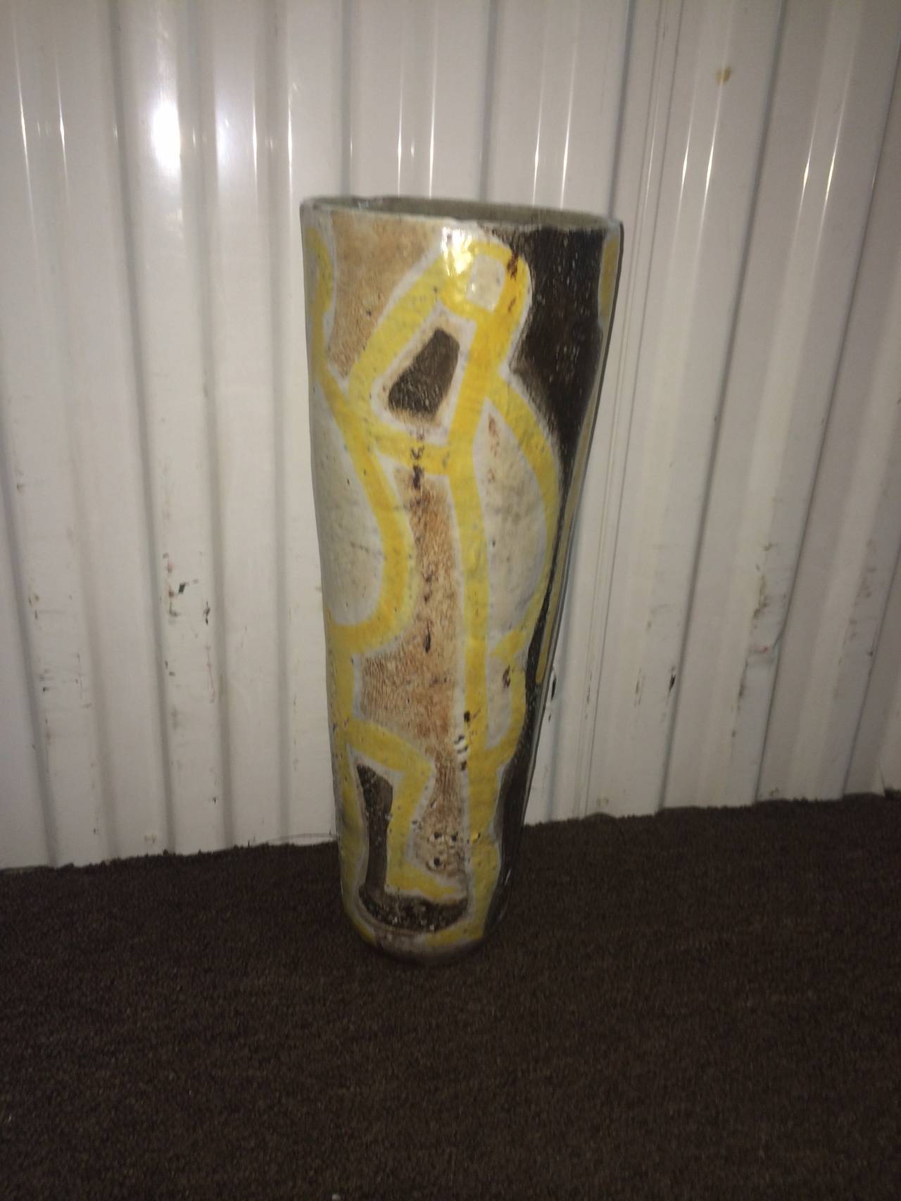 Italian Midcentury Guido Gambone Terra Cotta Tapered Vase with Abstract Figures For Sale