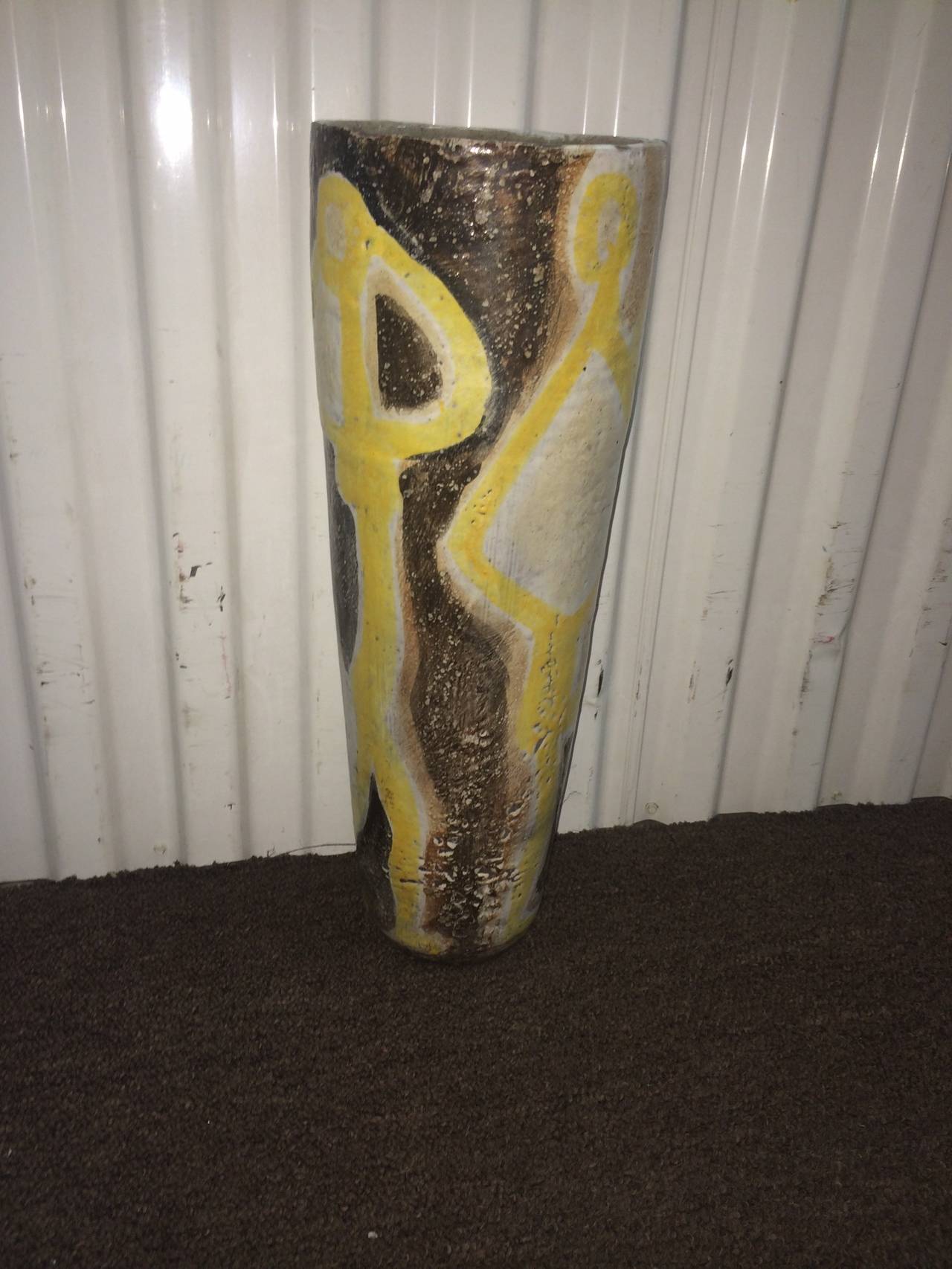 Midcentury Guido Gambone Terra Cotta Tapered Vase with Abstract Figures In Good Condition For Sale In Mount Penn, PA