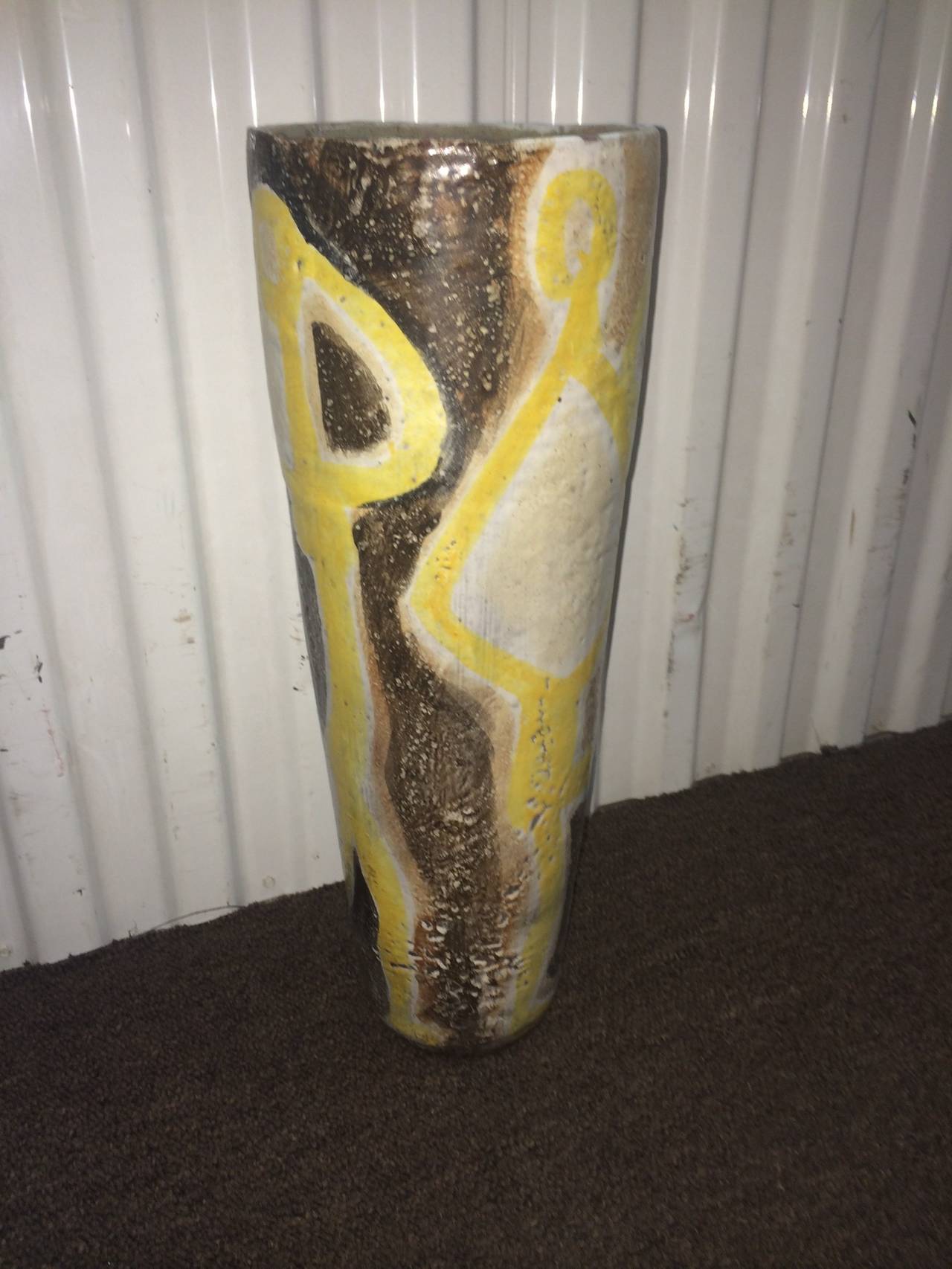 Mid-Century Modern Midcentury Guido Gambone Terra Cotta Tapered Vase with Abstract Figures For Sale