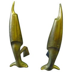 Vintage Pierre Emile LeGrain Art Deco Pair of Brass Fish Andirons