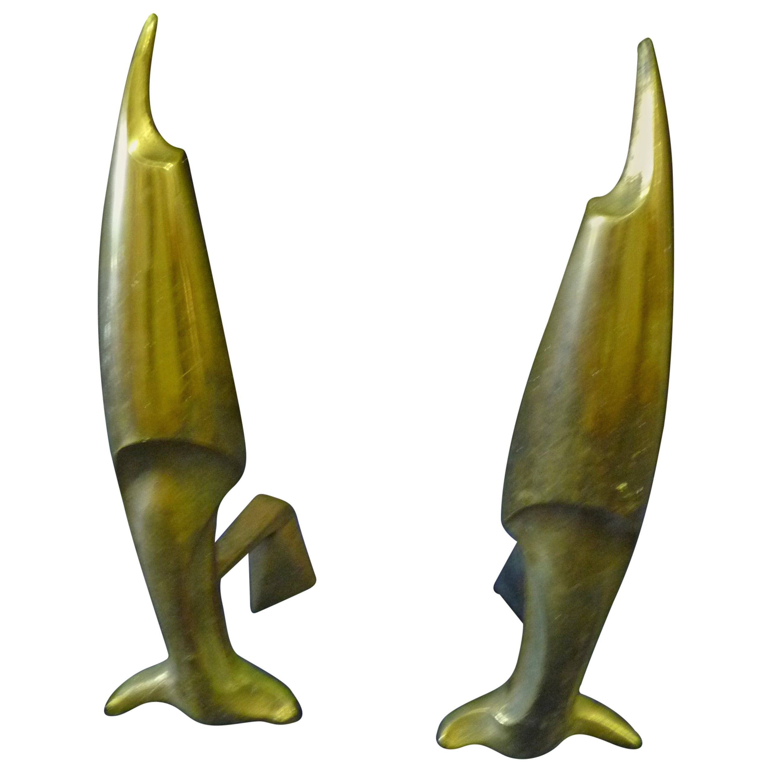 Pierre Emile LeGrain Art Deco Pair of Brass Fish Andirons For Sale