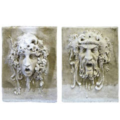  Spectacular Neoclassical Pair of Rare Limestone Plaques of Bacchus and Dionysus