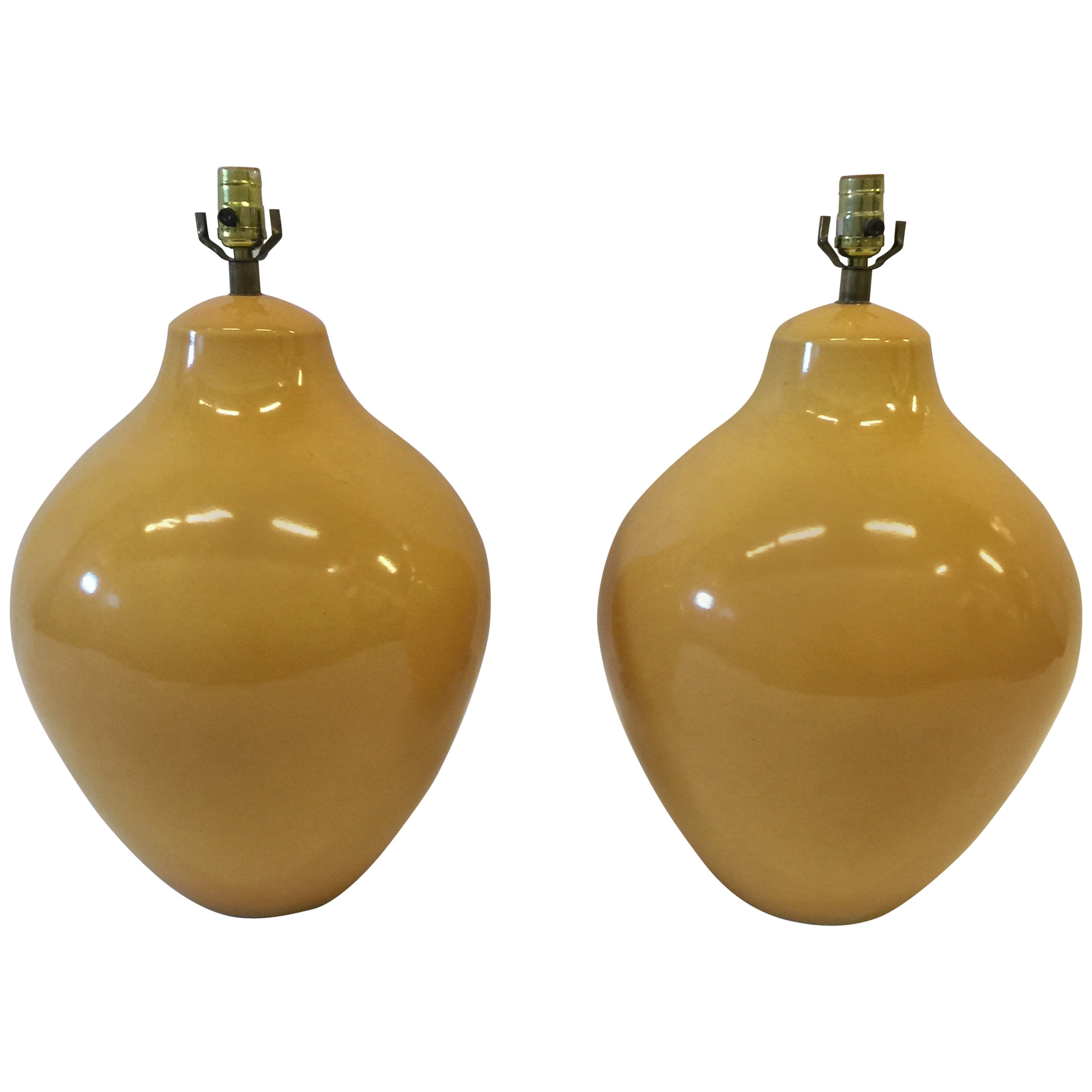Pair of Mid-Century Large-Scale Yellow Ceramic Lamps For Sale